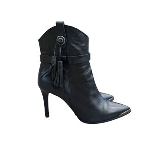 IKKS Black Leather Ankle Boots Heeled Western Pointed Toe Tassel EU39 US‎ 8